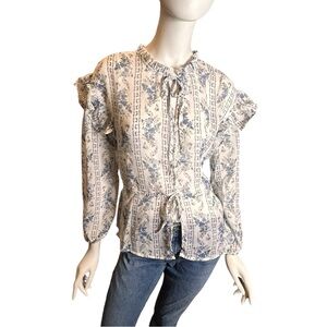 NEW Blu Pepper Blue White Floral Peasant Blouse Ruffle Detail Size Small